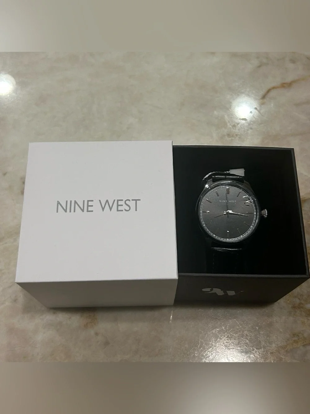 Nine West Men's Black Leather Strap Watch - Black Dial